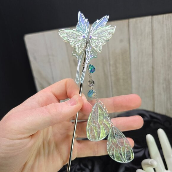 Handmade Delicate Elven Moonlit Butterfly Hair Stick w/ Wings and Crystals Gift - Picture 3 of 9